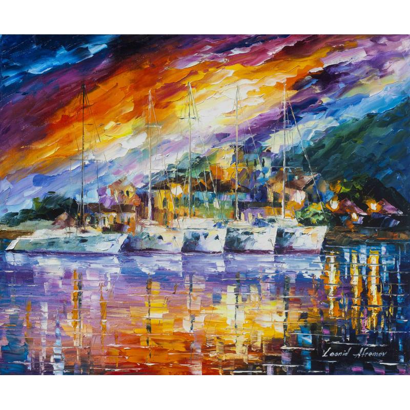 Gallery value USD18900 BOATS BY THE ISLAND - PALETTE KNIFE Oil Painting On Canvas By Leonid Afremov